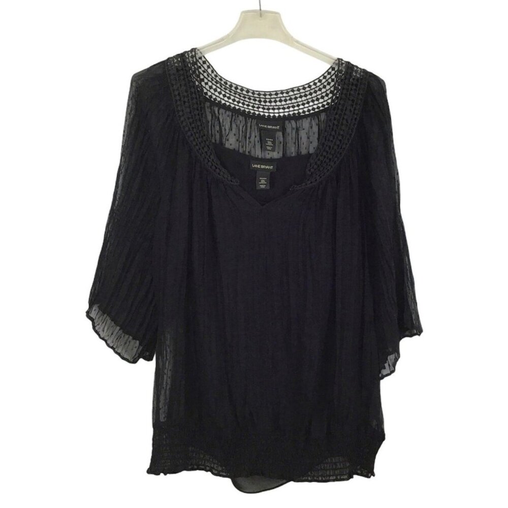 Lane Bryant Womens 22/24 Black Semi Sheer Blouse Lined 3/4 Sleeves Scoop Neck